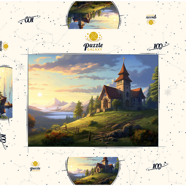 Darstellung des Puzzle Motivs Hillside Chapel with Mountain Sunset 100 Puzzle Schachtel 3D Modell
