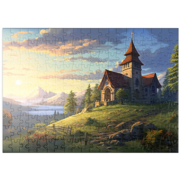 Darstellung des Puzzle Motivs puzzleplate Hillside Chapel with Mountain Sunset 200 Puzzle