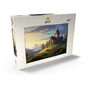 Darstellung des Puzzle Motivs Hillside Chapel with Mountain Sunset 500 Puzzle Schachtel Ansicht2
