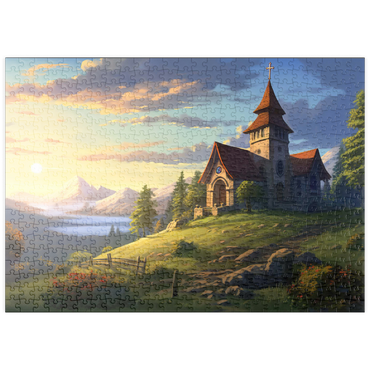Darstellung des Puzzle Motivs puzzleplate Hillside Chapel with Mountain Sunset 500 Puzzle