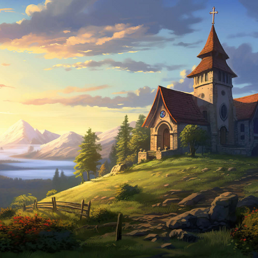 Darstellung des Puzzle Motivs Hillside Chapel with Mountain Sunset 500 Puzzle 3D Modell