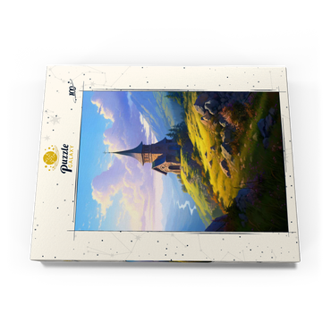 Darstellung des Puzzle Motivs Mountain Chapel with Winding River View 100 Puzzle Schachtel Ansicht3