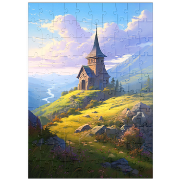 Darstellung des Puzzle Motivs puzzleplate Mountain Chapel with Winding River View 100 Puzzle