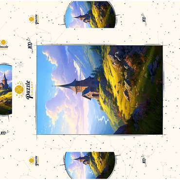 Darstellung des Puzzle Motivs Mountain Chapel with Winding River View 100 Puzzle Schachtel 3D Modell