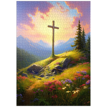 Darstellung des Puzzle Motivs puzzleplate Sunlit Cross on Mountain Meadow 1000 Puzzle