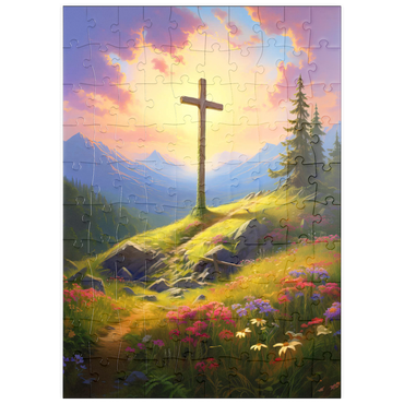 Darstellung des Puzzle Motivs puzzleplate Sunlit Cross on Mountain Meadow 100 Puzzle