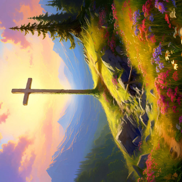 Darstellung des Puzzle Motivs Sunlit Cross on Mountain Meadow 100 Puzzle 3D Modell