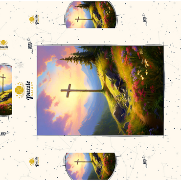 Darstellung des Puzzle Motivs Sunlit Cross on Mountain Meadow 100 Puzzle Schachtel 3D Modell