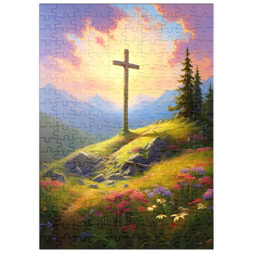 Darstellung des Puzzle Motivs puzzleplate Sunlit Cross on Mountain Meadow 200 Puzzle