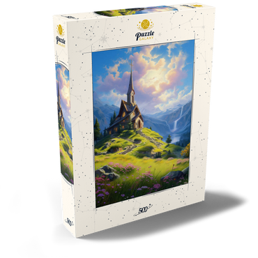 Darstellung des Puzzle Motivs Chapel on a Sunlit Mountain 500 Puzzle Schachtel Ansicht2