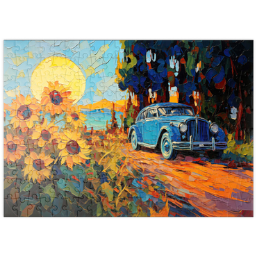 Darstellung des Puzzle Motivs puzzleplate Vintage Car and Sunflower Field Sunset 200 Puzzle