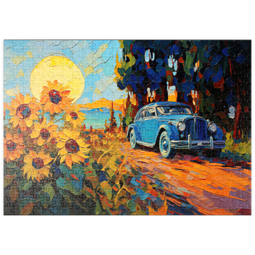 Darstellung des Puzzle Motivs puzzleplate Vintage Car and Sunflower Field Sunset 500 Puzzle