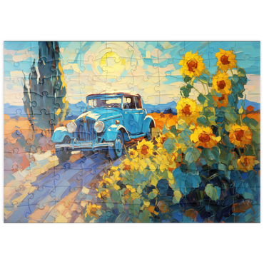 Darstellung des Puzzle Motivs puzzleplate Classic Car and Sunflowers Under Bright Sun 100 Puzzle