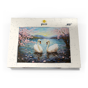 Darstellung des Puzzle Motivs Swans and Cherry Blossoms at Sunrise 1000 Puzzle Schachtel Ansicht3