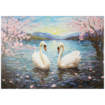 Darstellung des Puzzle Motivs puzzleplate Swans and Cherry Blossoms at Sunrise 1000 Puzzle
