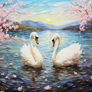Darstellung des Puzzle Motivs Swans and Cherry Blossoms at Sunrise 1000 Puzzle 3D Modell