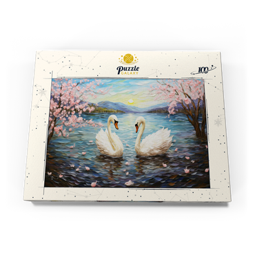 Darstellung des Puzzle Motivs Swans and Cherry Blossoms at Sunrise 100 Puzzle Schachtel Ansicht3