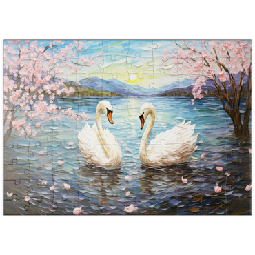 Darstellung des Puzzle Motivs puzzleplate Swans and Cherry Blossoms at Sunrise 100 Puzzle