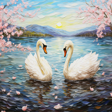 Darstellung des Puzzle Motivs Swans and Cherry Blossoms at Sunrise 100 Puzzle 3D Modell