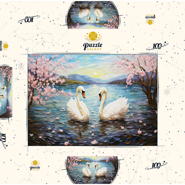 Darstellung des Puzzle Motivs Swans and Cherry Blossoms at Sunrise 100 Puzzle Schachtel 3D Modell
