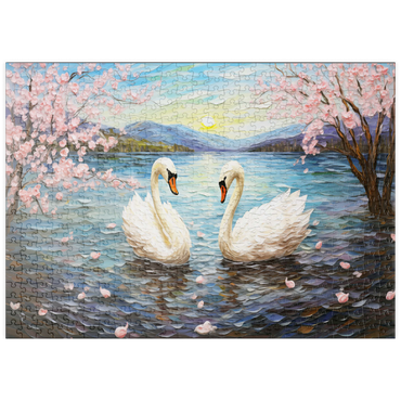 Darstellung des Puzzle Motivs puzzleplate Swans and Cherry Blossoms at Sunrise 500 Puzzle