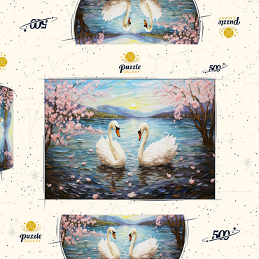 Darstellung des Puzzle Motivs Swans and Cherry Blossoms at Sunrise 500 Puzzle Schachtel 3D Modell