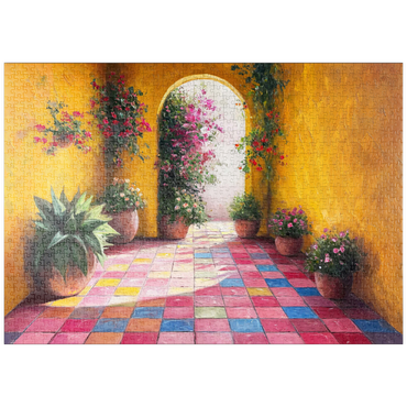 Darstellung des Puzzle Motivs puzzleplate Sunny Courtyard with Potted Flowers 1000 Puzzle
