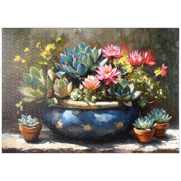 Darstellung des Puzzle Motivs puzzleplate Blooming Succulents in Blue Ceramic Pot 1000 Puzzle
