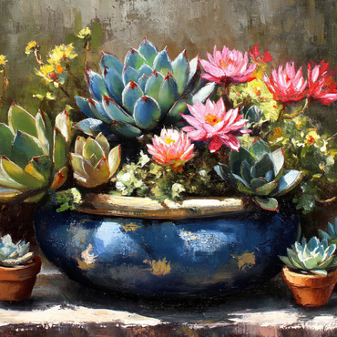 Darstellung des Puzzle Motivs Blooming Succulents in Blue Ceramic Pot 100 Puzzle 3D Modell