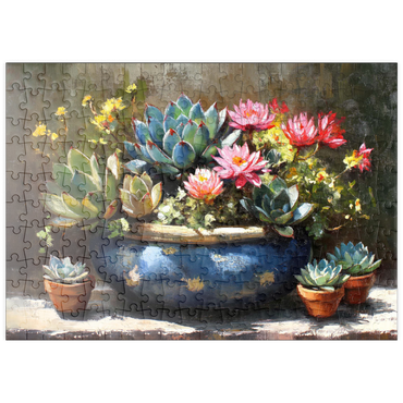 Darstellung des Puzzle Motivs puzzleplate Blooming Succulents in Blue Ceramic Pot 200 Puzzle