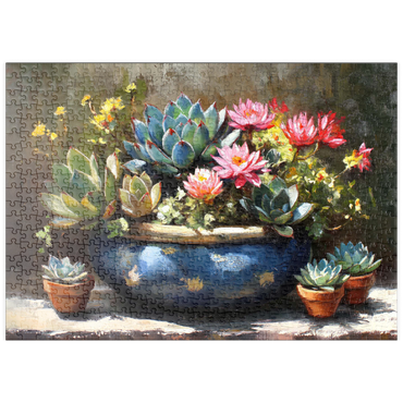 Darstellung des Puzzle Motivs puzzleplate Blooming Succulents in Blue Ceramic Pot 500 Puzzle