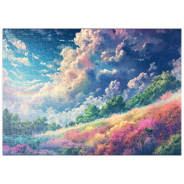 Darstellung des Puzzle Motivs puzzleplate Vibrant Meadow Under Rainbow Clouds 500 Puzzle