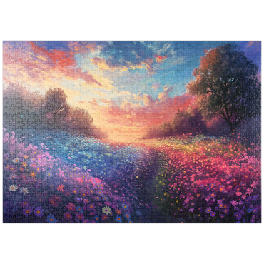 Darstellung des Puzzle Motivs puzzleplate Sunset Over Vibrant Flower Fields 1000 Puzzle