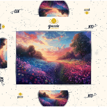 Darstellung des Puzzle Motivs Sunset Over Vibrant Flower Fields 100 Puzzle Schachtel 3D Modell