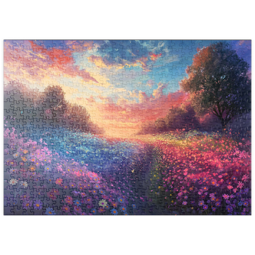 Darstellung des Puzzle Motivs puzzleplate Sunset Over Vibrant Flower Fields 500 Puzzle