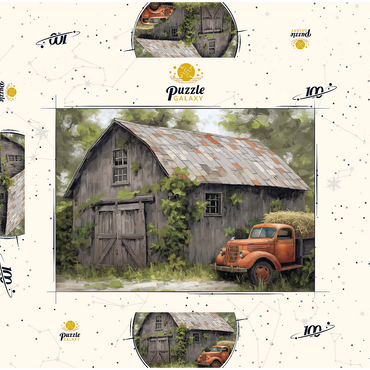 Darstellung des Puzzle Motivs Rustic Barn and Vintage Hay Truck 100 Puzzle Schachtel 3D Modell