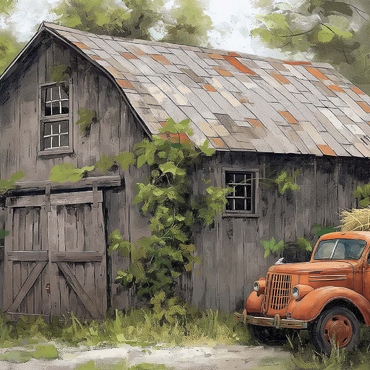 Darstellung des Puzzle Motivs Rustic Barn and Vintage Hay Truck 500 Puzzle 3D Modell