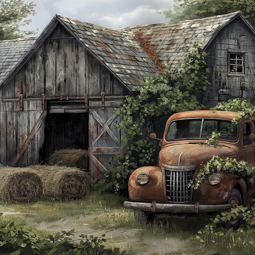 Darstellung des Puzzle Motivs Weathered Barn with Classic Rusty Truck 100 Puzzle 3D Modell