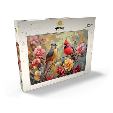 Darstellung des Puzzle Motivs Cardinal and Songbird Among Blossoms 100 Puzzle Schachtel Ansicht2