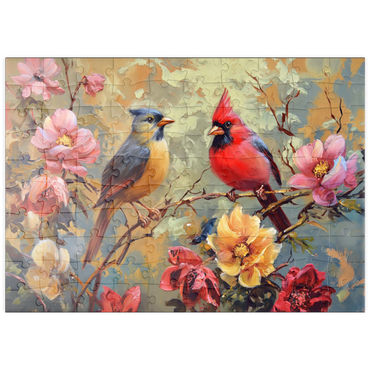 Darstellung des Puzzle Motivs puzzleplate Cardinal and Songbird Among Blossoms 100 Puzzle