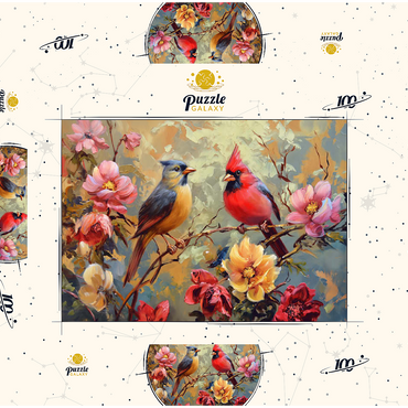 Darstellung des Puzzle Motivs Cardinal and Songbird Among Blossoms 100 Puzzle Schachtel 3D Modell