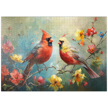 Darstellung des Puzzle Motivs puzzleplate Northern Cardinals Among Spring Blossoms 1000 Puzzle