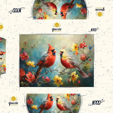 Darstellung des Puzzle Motivs Northern Cardinals Among Spring Blossoms 1000 Puzzle Schachtel 3D Modell