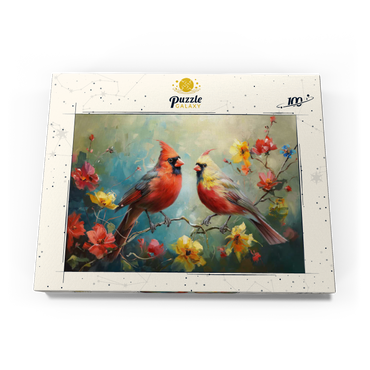 Darstellung des Puzzle Motivs Northern Cardinals Among Spring Blossoms 100 Puzzle Schachtel Ansicht3