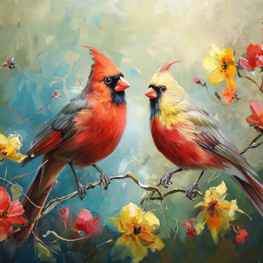 Darstellung des Puzzle Motivs Northern Cardinals Among Spring Blossoms 100 Puzzle 3D Modell