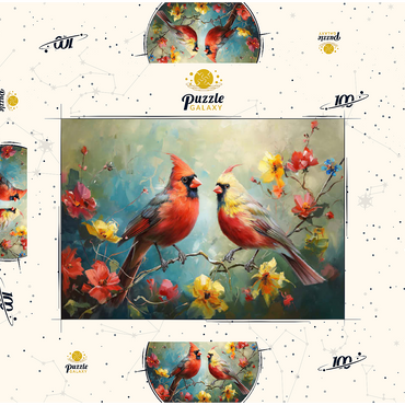 Darstellung des Puzzle Motivs Northern Cardinals Among Spring Blossoms 100 Puzzle Schachtel 3D Modell