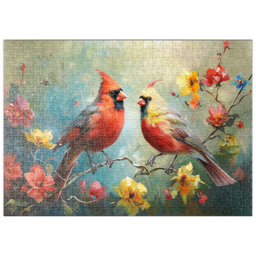Darstellung des Puzzle Motivs puzzleplate Northern Cardinals Among Spring Blossoms 500 Puzzle