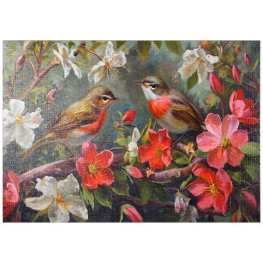 Darstellung des Puzzle Motivs puzzleplate Red-throated Birds Amid Spring Blossoms 1000 Puzzle