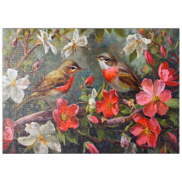 Darstellung des Puzzle Motivs puzzleplate Red-throated Birds Amid Spring Blossoms 500 Puzzle