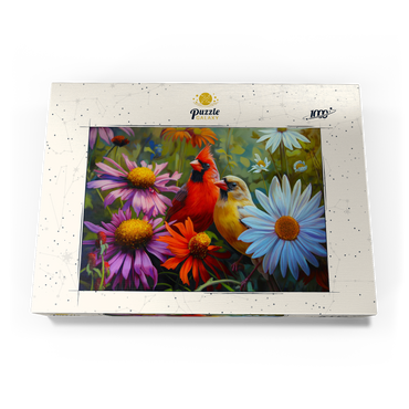 Darstellung des Puzzle Motivs Northern Cardinal Pair Among Wildflowers 1000 Puzzle Schachtel Ansicht3